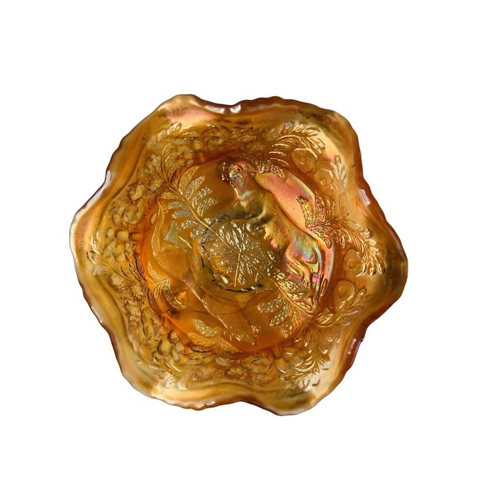 Antique Carnival Glass Fenton Panthers Marigold Ruffled Berry Bowl 1914 3-Footed - Picture 6 of 15